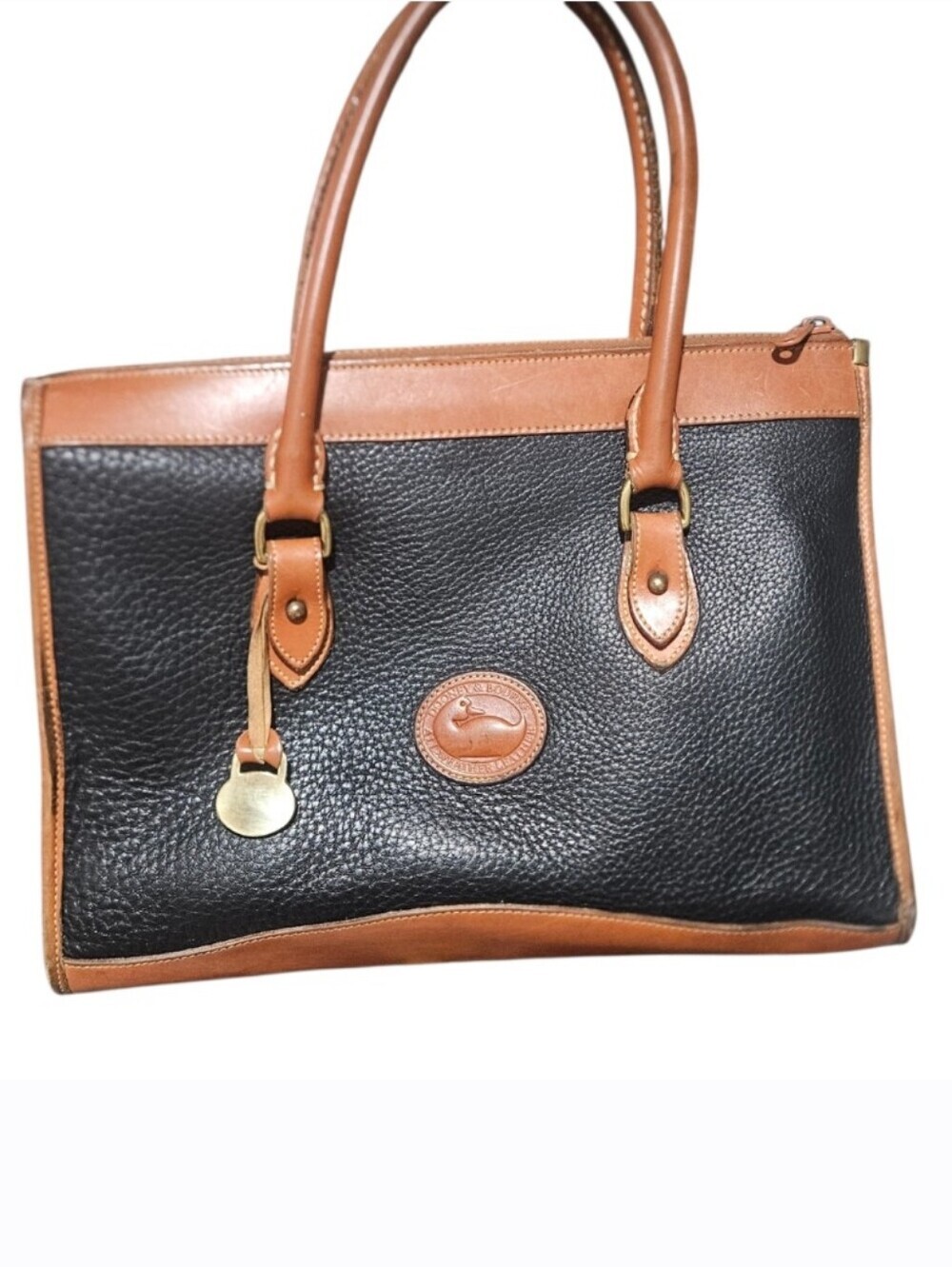 Vintage Dooney & Bourke AWL Black & British Tan Leather Zip Tote Bag USA 90s